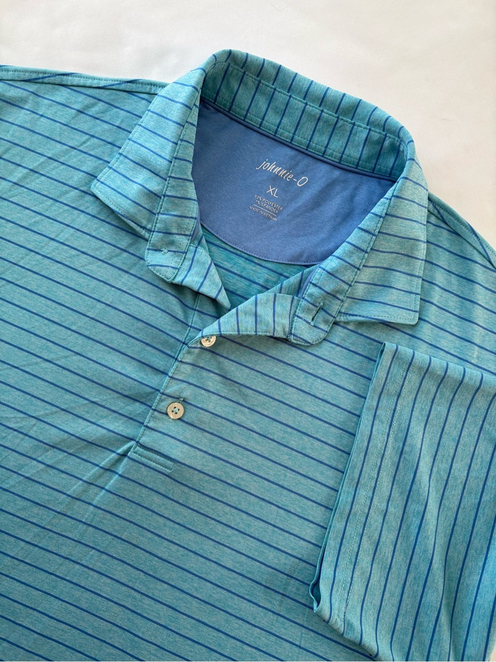 Johnnie-O Golf Polo Shirt Men XL Teal Blue Striped Performance Short Sleeve Top
